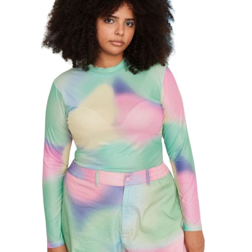 LAZY OAF dream in colour rainbow long sleeve high neck sheer mesh top XL/16